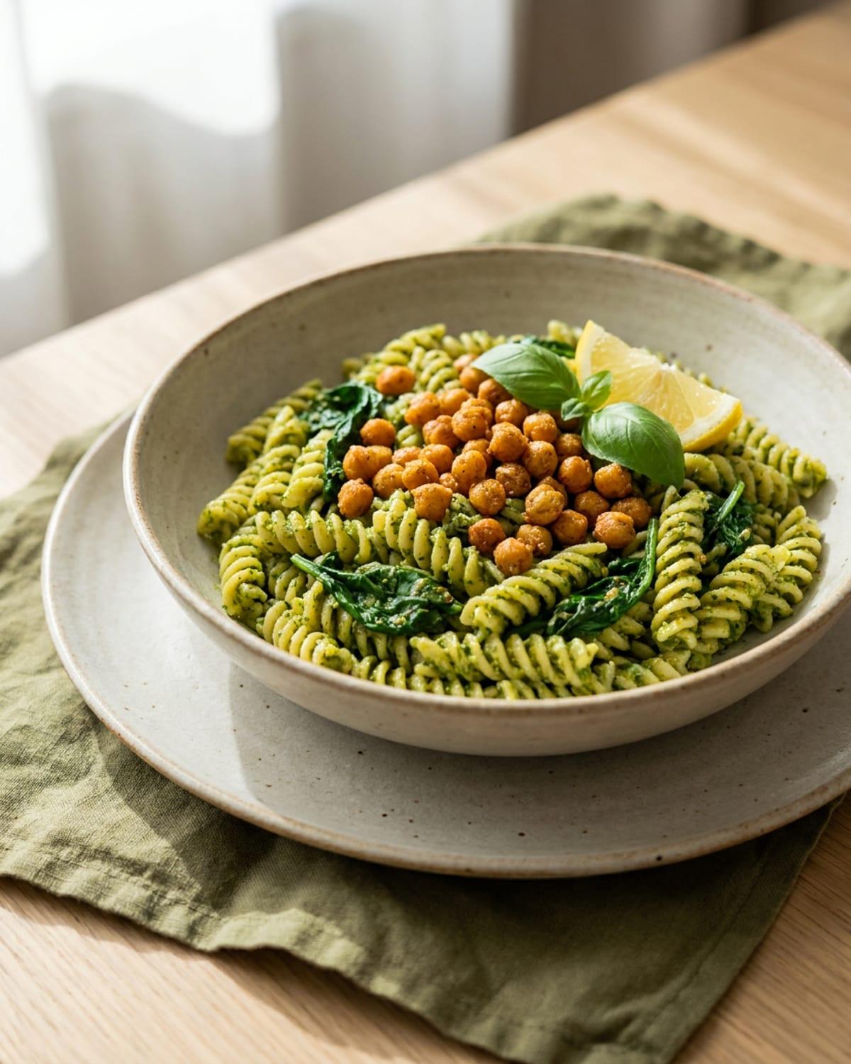 Green Pesto Pasta with Crispy Chickpeas