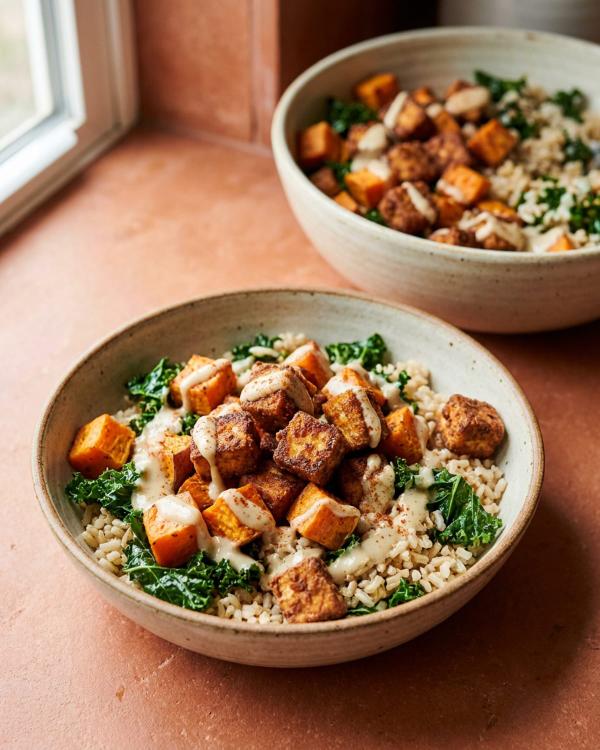 Crispy Tofu and Sweet Potato Rice Bowl