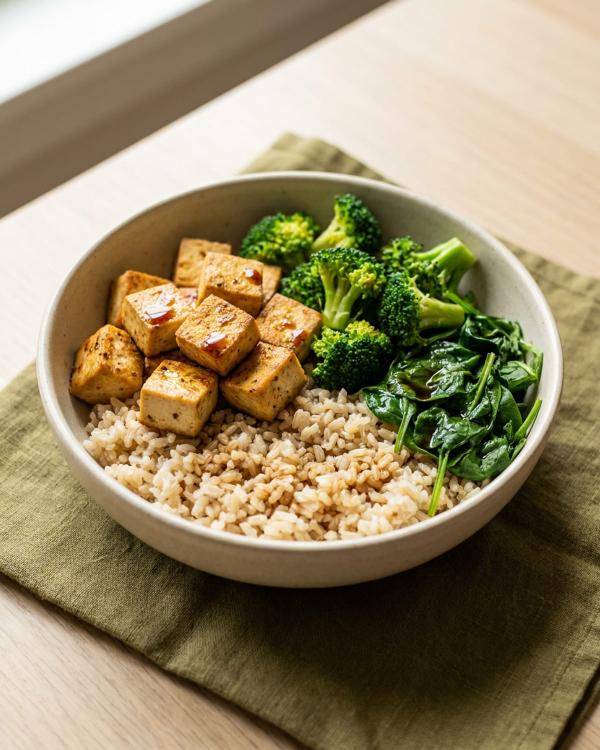 Jehina's Tofu, Brown Rice and Greens Bowl